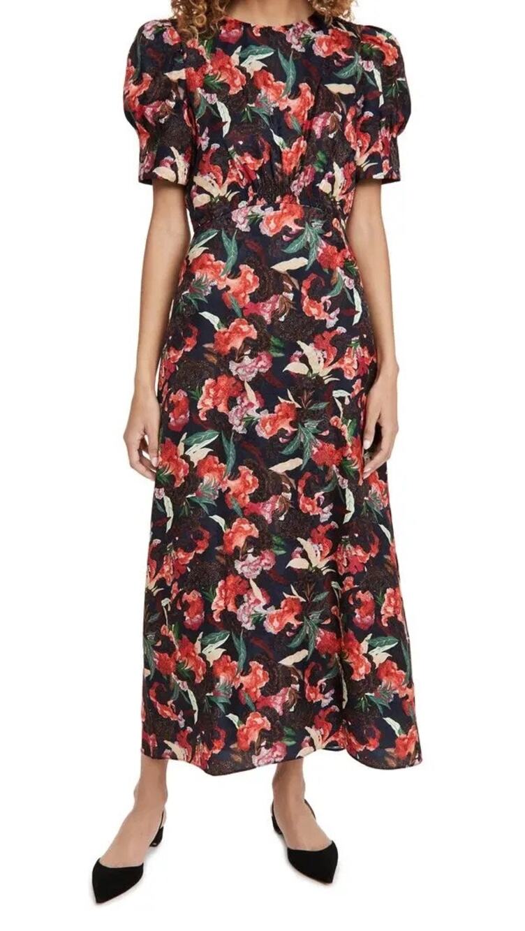 Saloni Floral Silk Puff Sleeve Midi Dress Size 8 US 12 UK
